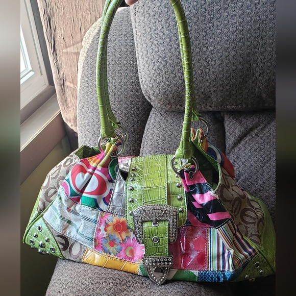 Patchwork multi texture Lime green pink leopard great condition handbag - Picture 3 of 15